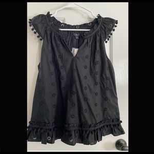 J. Crew Black Eyelet pom-pom top in cotton poplin medium